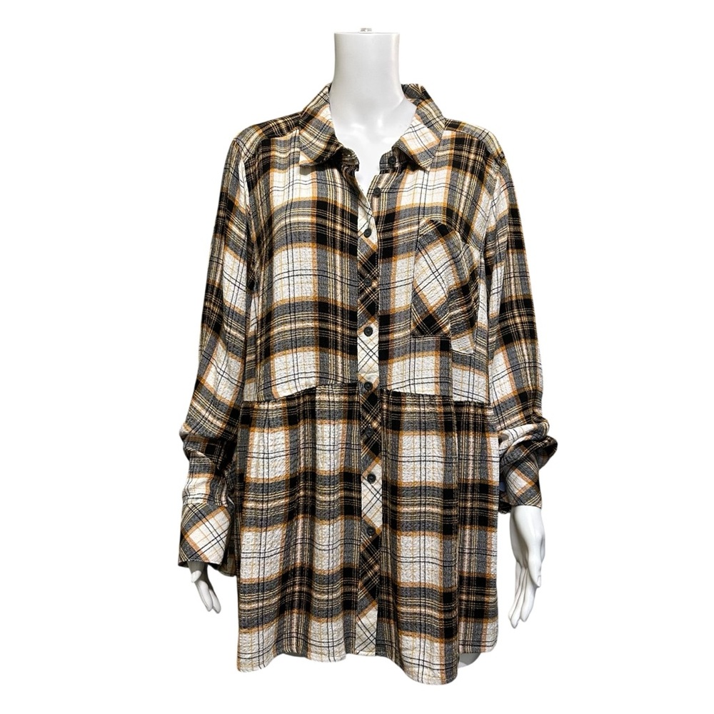 Torrid Brown Gold Plaid Button Front Peplum Crinkled Long Sleeve Blouse Size 3